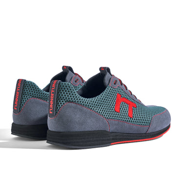 Laufschuh Runnertune Pace Colors – petrolfarbenes Mesh und graues Velour, schwarze Sohle – Paaransicht schräg von hinten