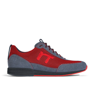 Laufschuh Runnertune Pace Colors – rotes Mesh und graues Velour, schwarze Sohle – Einzelansicht von der Seite