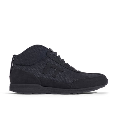 High-Top Laufschuh Runnertune X-Pace Black – schwarzes Waben-Textil und schwarzes Velour, schwarze Sohle – Einzelansicht von der Seite