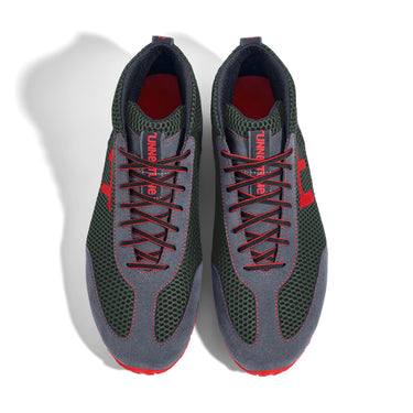 High-Top Laufschuh Runnertune X-Pace Colors – dunkelgrünes Mesh und graues Velour, schwarze Sohle – Paaransicht von oben