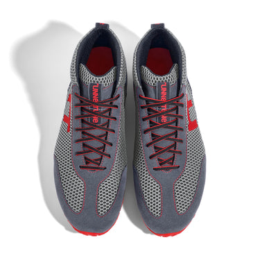 High-Top Laufschuh Runnertune X-Pace Colors – hellgraues Mesh und graues Velour, schwarze Sohle – Paaransicht von oben