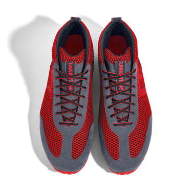 High-Top Laufschuh Runnertune X-Pace Colors – rotes Mesh und graues Velour, schwarze Sohle – Paaransicht von oben