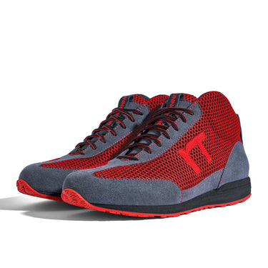 High-Top Laufschuh Runnertune X-Pace Colors – rotes Mesh und graues Velour, schwarze Sohle – Paaransicht schräg von vorn