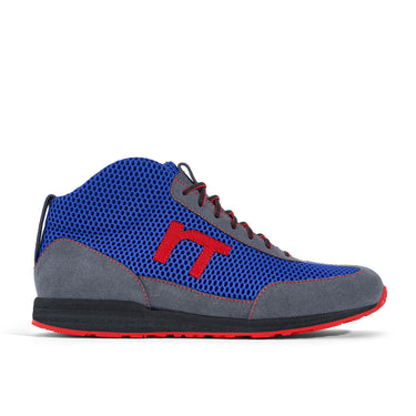 High-Top Laufschuh Runnertune X-Pace Colors – royalblaues Mesh und graues Velour, schwarze Sohle – Einzelansicht von der Seite