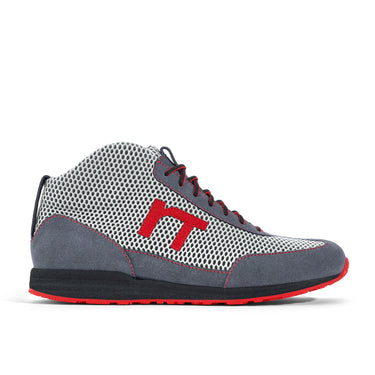 High-Top Laufschuh Runnertune X-Pace Colors – weißes Mesh und graues Velour, schwarze Sohle – Einzelansicht von der Seite