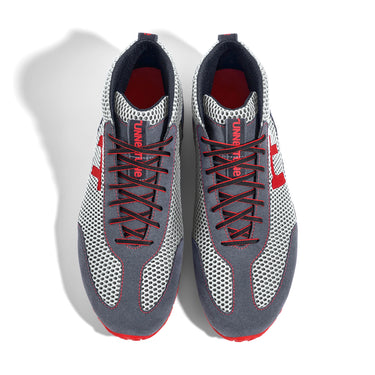 High-Top Laufschuh Runnertune X-Pace Colors – weißes Mesh und graues Velour, schwarze Sohle – Paaransicht von oben
