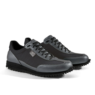 Golfschuh VitalloFlex Pro Hybrid – dunkelgraues Pepita-Textil und graues Carbon, schwarze Sohle – Paaransicht schräg von vorn