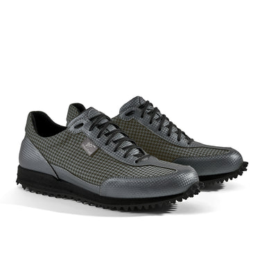 Golfschuh VitalloFlex Pro Hybrid – graues Pepita-Textil und graues Carbon, schwarze Sohle – Paaransicht schräg von vorn