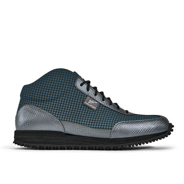 High-Top Golfschuh VitalloFlex Pro Hybrid HT – blaues Pepita-Textil und graues Carbon, schwarze Sohle – Einzelansicht von der Seite