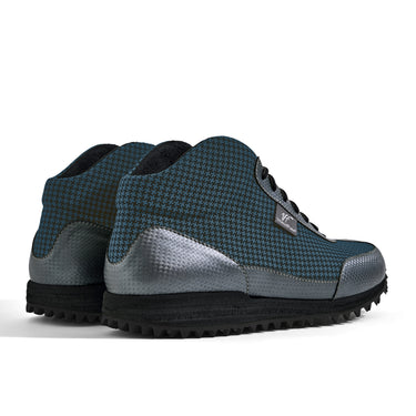 High-Top Golfschuh VitalloFlex Pro Hybrid HT – blaues Pepita-Textil und graues Carbon, schwarze Sohle – Paaransicht schräg von hinten