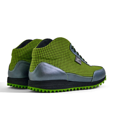High-Top Golfschuh VitalloFlex Pro Hybrid HT – hellgrünes Pepita-Textil und graues Carbon, schwarze Sohle – Paaransicht schräg von hinten