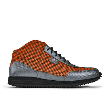 High-Top Golfschuh VitalloFlex Pro Hybrid HT – orangenes Pepita-Textil und graues Carbon, schwarze Sohle – Einzelansicht von der Seite