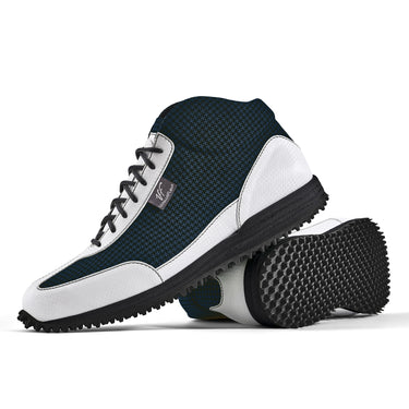 High-Top Golfschuh VitalloFlex Pro Hybrid HT – dunkelblaues Pepita-Textil und weißes Carbon, schwarze Sohle – Paaransicht mit Laufsohle