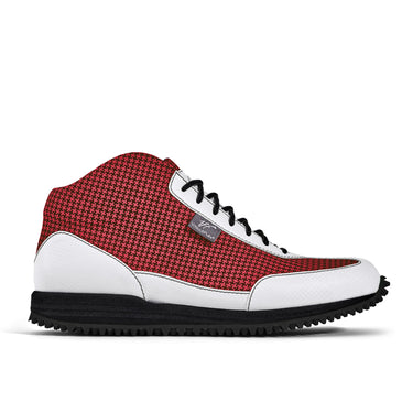 High-Top Golfschuh VitalloFlex Pro Hybrid HT – rotes Pepita-Textil und weißes Carbon, schwarze Sohle – Einzelansicht von der Seite
