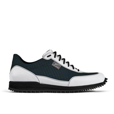 Golfschuh VitalloFlex Pro Hybrid – dunkelblaues Pepita-Textil und weißes Carbon, schwarze Sohle – Einzelansicht von der Seite