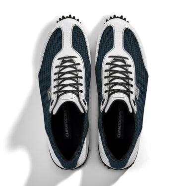 Golfschuh VitalloFlex Pro Hybrid – dunkelblaues Pepita-Textil und weißes Carbon, schwarze Sohle – Paaransicht von oben