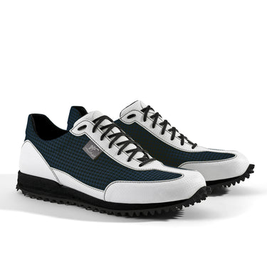 Golfschuh VitalloFlex Pro Hybrid – dunkelblaues Pepita-Textil und weißes Carbon, schwarze Sohle – Paaransicht schräg von vorn