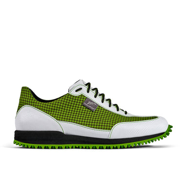 Golfschuh VitalloFlex Pro Hybrid – hellgrünes Pepita-Textil und weißes Carbon, schwarze Sohle – Einzelansicht von der Seite