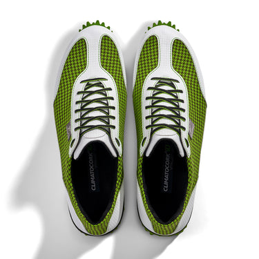 Golfschuh VitalloFlex Pro Hybrid – hellgrünes Pepita-Textil und weißes Carbon, schwarze Sohle – Paaransicht von oben