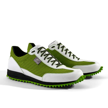 Golfschuh VitalloFlex Pro Hybrid – hellgrünes Pepita-Textil und weißes Carbon, schwarze Sohle – Paaransicht schräg von vorn