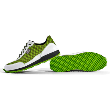 Golfschuh VitalloFlex Pro Hybrid – hellgrünes Pepita-Textil und weißes Carbon, schwarze Sohle – Paaransicht mit Laufsohle