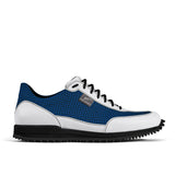 Golfschuh VitalloFlex Pro Hybrid – kornblaues Pepita-Textil und weißes Carbon, schwarze Sohle – Einzelansicht von der Seite