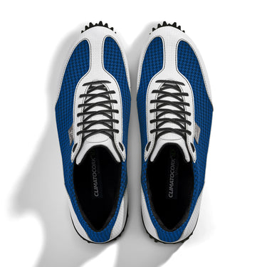 Golfschuh VitalloFlex Pro Hybrid – kornblaues Pepita-Textil und weißes Carbon, schwarze Sohle – Paaransicht von oben
