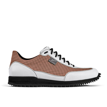 Golfschuh VitalloFlex Pro Hybrid – rosa Pepita-Textil und weißes Carbon, schwarze Sohle – Einzelansicht von der Seite