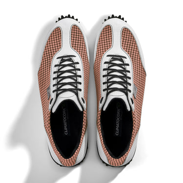 Golfschuh VitalloFlex Pro Hybrid – rosa Pepita-Textil und weißes Carbon, schwarze Sohle – Paaransicht von oben