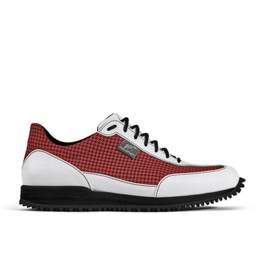 Golfschuh VitalloFlex Pro Hybrid – rotes Pepita-Textil und weißes Carbon, schwarze Sohle – Einzelansicht von der Seite