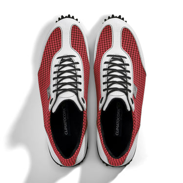 Golfschuh VitalloFlex Pro Hybrid – rotes Pepita-Textil und weißes Carbon, schwarze Sohle – Paaransicht von oben