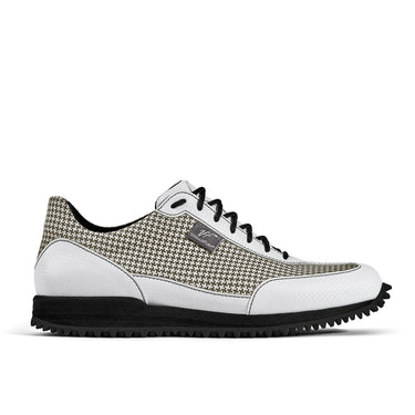 Golfschuh VitalloFlex Pro Hybrid – weißes Pepita-Textil und weißes Carbon, schwarze Sohle – Einzelansicht von der Seite