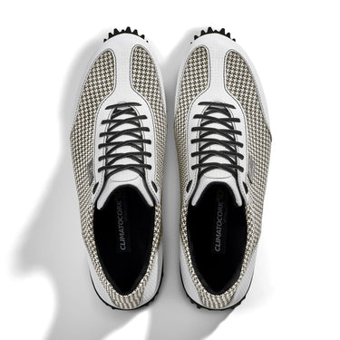 Golfschuh VitalloFlex Pro Hybrid – weißes Pepita-Textil und weißes Carbon, schwarze Sohle – Paaransicht von oben