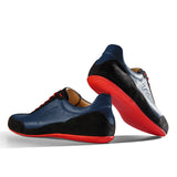 Sneaker VitalloFlex Puro RS – blaues Nappaleder und schwarzes Rauleder, rote Sohle – Paaransicht mit Laufsohle