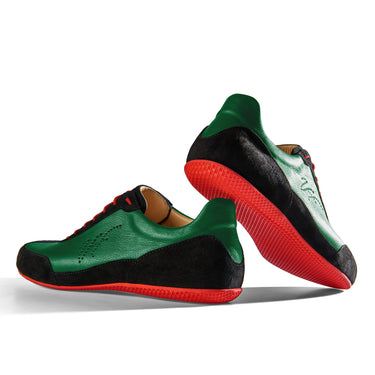 Sneaker VitalloFlex Puro RS – grünes Nappaleder und schwarzes Rauleder, rote Sohle – Paaransicht mit Laufsohle