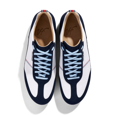 Sneaker VitalloFlex Puro RS RÖHRL75 – weißes Carbon und dunkelblaues Velour, rote Sohle – Paaransicht von oben