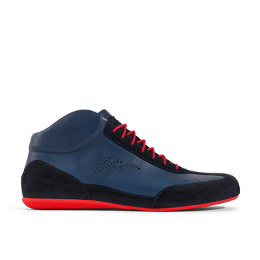 High-Top Sneaker VitalloFlex Puro RSR – blaues Nappaleder und schwarzes Rauleder, rote Sohle – Einzelansicht von der Seite