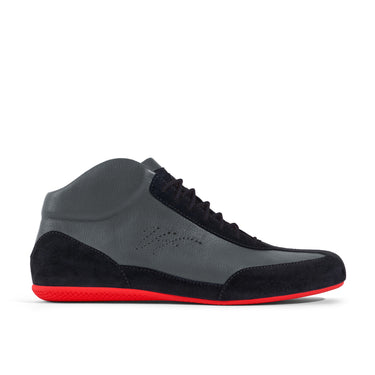 High-Top Sneaker VitalloFlex Puro RSR – graues Nappaleder und schwarzes Rauleder, rote Sohle – Einzelansicht von der Seite
