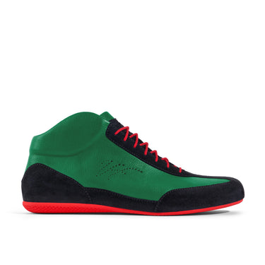 High-Top Sneaker VitalloFlex Puro RSR – grünes Nappaleder und schwarzes Rauleder, rote Sohle – Einzelansicht von der Seite