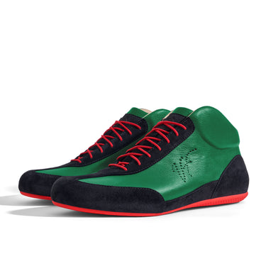 High-Top Sneaker VitalloFlex Puro RSR – grünes Nappaleder und schwarzes Rauleder, rote Sohle – Paaransicht schräg von vorn