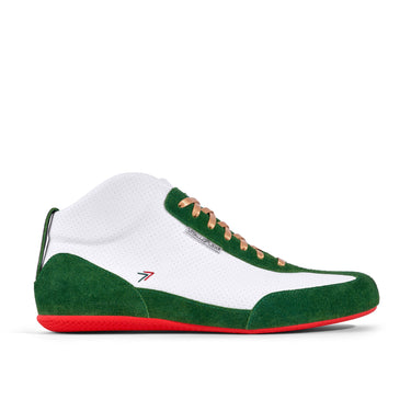 High-Top Sneaker VitalloFlex Puro RSR RÖHRL77 – weißes, perforiertes Anilinleder und grünes Rauleder, rote Sohle – Seitenansicht