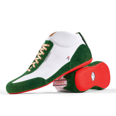 High-Top Sneaker VitalloFlex Puro RSR RÖHRL77 – weißes, perforiertes Anilinleder und grünes Rauleder, rote Sohle – Ansicht mit Laufsohle