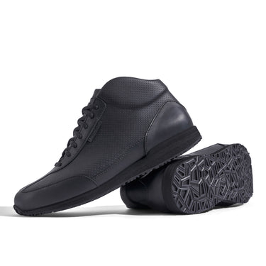 High-Top Sneaker VitalloFlex Puro S-HT – schwarzes, perforiertes und glattes Anilinleder, schwarze Sohle – Paaransicht mit Laufsohle