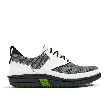 Golfschuh VitalloFlex Quantum Stinger – graues Mesh und weißes Carbon, schwarze Sohle – Einzelansicht von der Seite