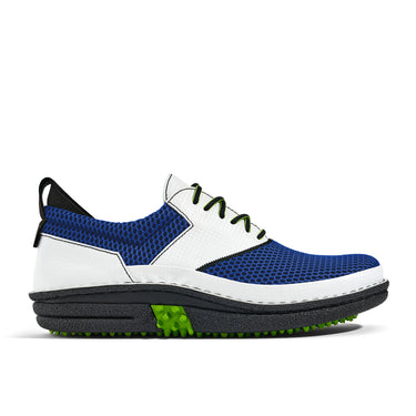 Golfschuh VitalloFlex Quantum Stinger – royalblaues Mesh und weißes Carbon, schwarze Sohle – Einzelansicht von der Seite