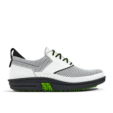 Golfschuh VitalloFlex Quantum Stinger – weißes Mesh und weißes Carbon, schwarze Sohle – Einzelansicht von der Seite